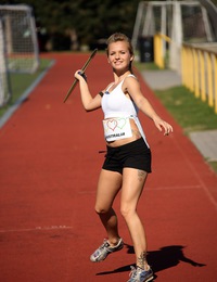 Javelin throwing sweetheart rubs her tight soaked cooter